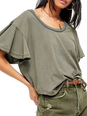 Free People Washed Olive Ruffle-Sleeve Tee